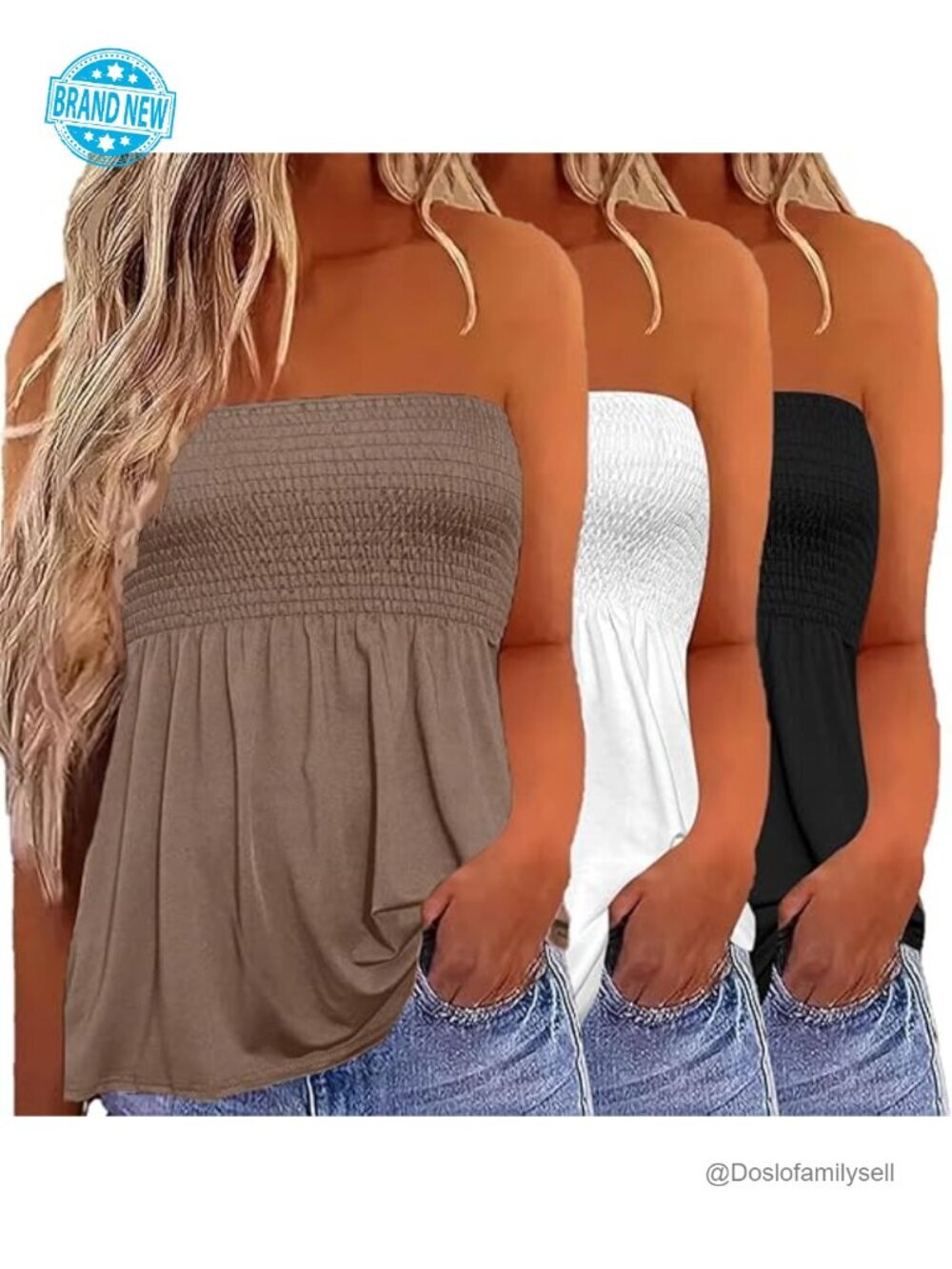 3-Pack Tube Tops - Stretchy Pleated Sleeveless Strapless Shirts with Flare Hem